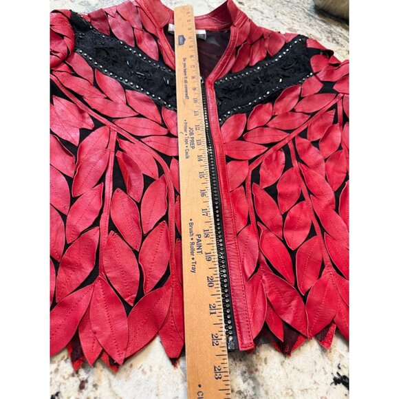 VTG Artsty Mesh Red Black Leather Leaf Applique Studded Designer Jacket Lg Read - Picture 7 of 12